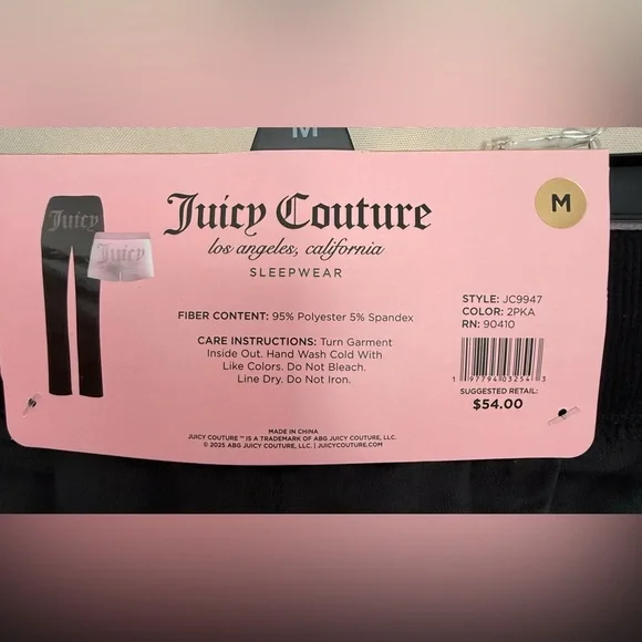 Juicy Couture Black Pajama Pants & Pink Pajama Shorts Set, Size Medium, NWT. - Picture 4 of 5
